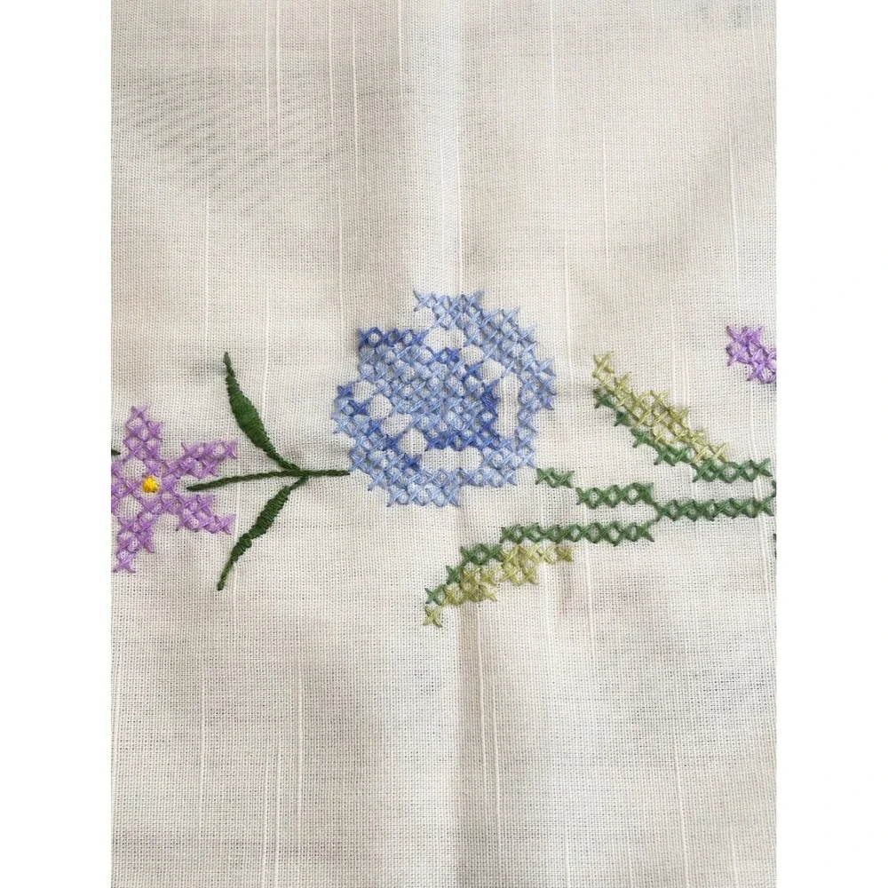 Vintage Floral Cross Stitch Embroidered White Rectangular Tablecloth Cottagecore
